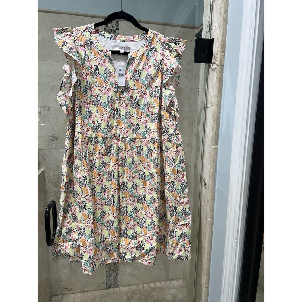 LOFT NWT Tropical Paradise Ruffle Babydoll Mini Dress White Large